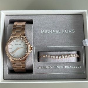Michael Kors Rose Gold Tone Stainless Steel Watch Sterling Bracelet Set Mk1053